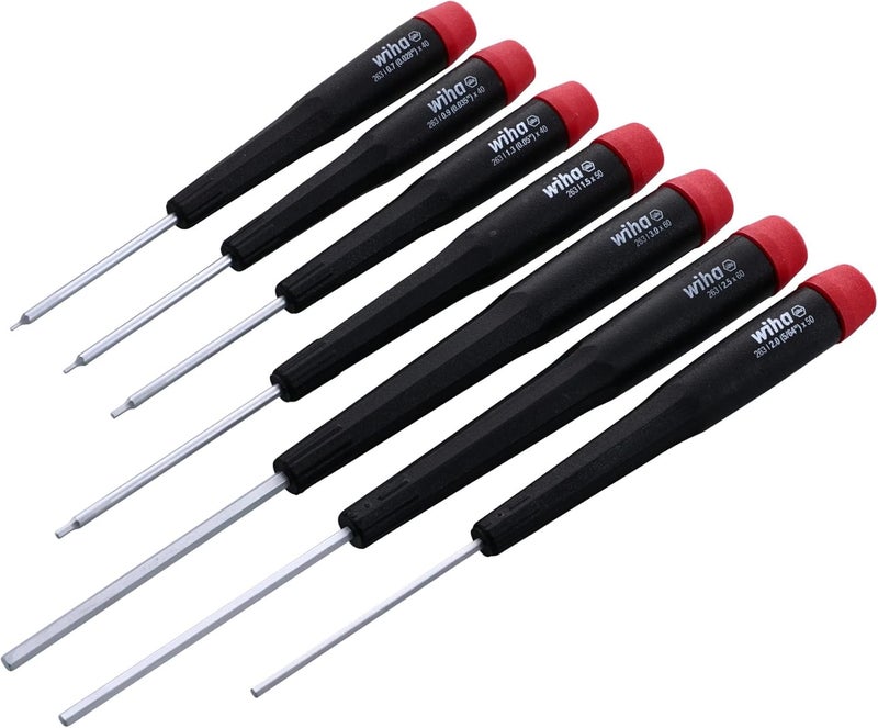 Wiha 26390 7-Piece Precision Hex Screwdriver Set, Metric Sizes 0.7-3.0mm with Cushion Grip Handle - Image 1